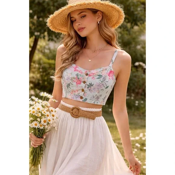 Fig & Thread Boutique Brand Floral Cottagecore Boho Crop Top Tank Medium - Picture 3 of 6